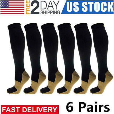 (6 Pairs) Copper Compression Socks 20-30mmHg Graduated Support Mens Womens S-XXL