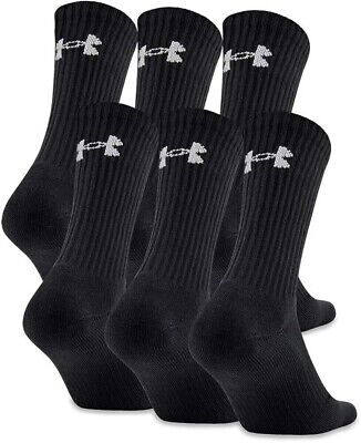 6 Pair UNDER ARMOUR Men Crew Socks BLACK Size Large 8-12 Cotton Pack 76/22/2.
