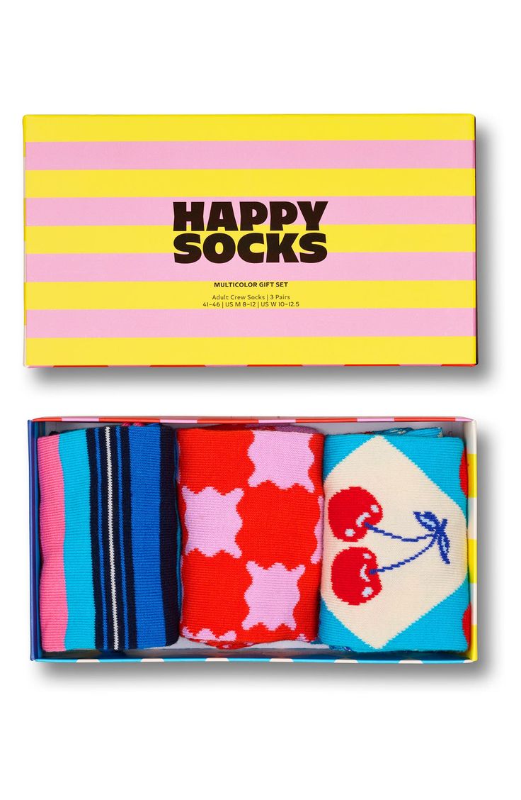 Happy Socks Check & Stripes 3-Pack Assorted Crew Socks Gift Set | Nordstrom in 2025 | Sock gifts, Happy socks, Socks