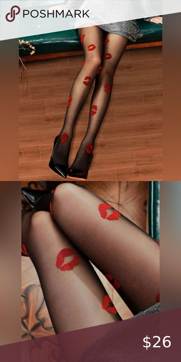 New Women's Black Red Lips Print Mesh Stretch Transparent Stockings Tights  in 2025